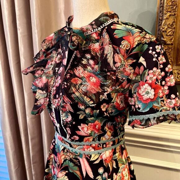 NWT Dalia MacPHee Floral Bow Tie Ruffle Front Floral Dress Size LARGE - Picture 4 of 6